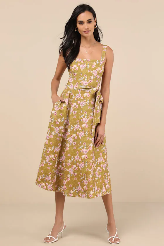 Sunny Posture Chartreuse Floral Sleeveless Midi Dress sold by Lulus