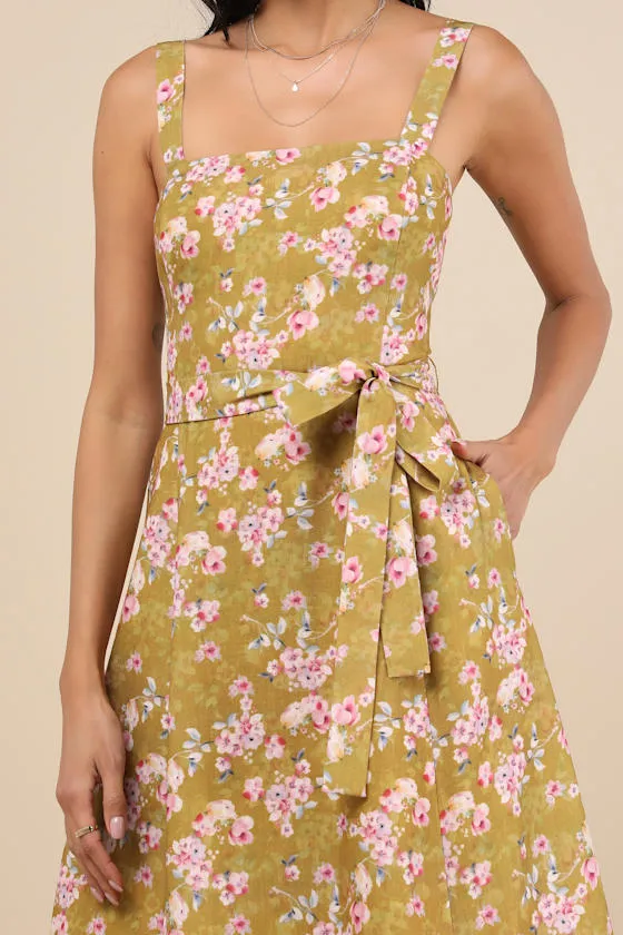 Sunny Posture Chartreuse Floral Sleeveless Midi Dress sold by Lulus product image thumbnail 4