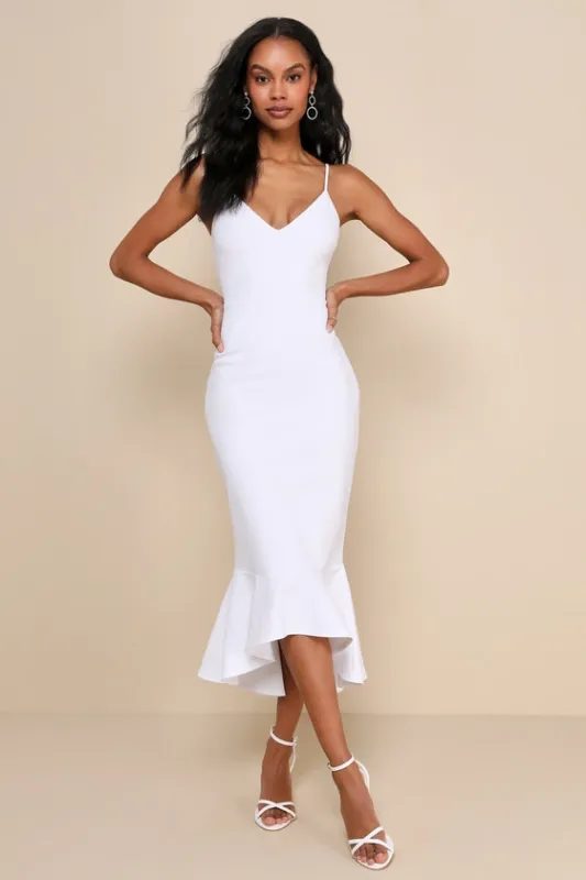 Stun Like Me White Bodycon Trumpet Hem Midi Dress sold by Lulus