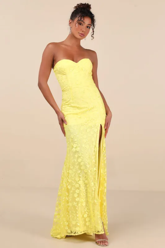 Romantic Beauty Yellow Floral Embroidered Strapless Maxi Dress sold by Lulus