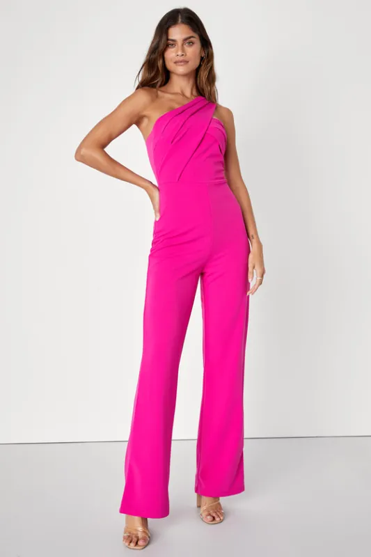 Devoted to Fun Hot Pink One-Shoulder Sleeveless Jumpsuit sold by Lulus