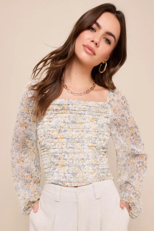 Mood Setter Ivory Floral Print Ruched Long Sleeve Top sold by Lulus