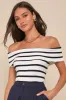 Easily Endearing Ivory Striped Ribbed Knit Off-the-Shoulder Top sold by Lulus