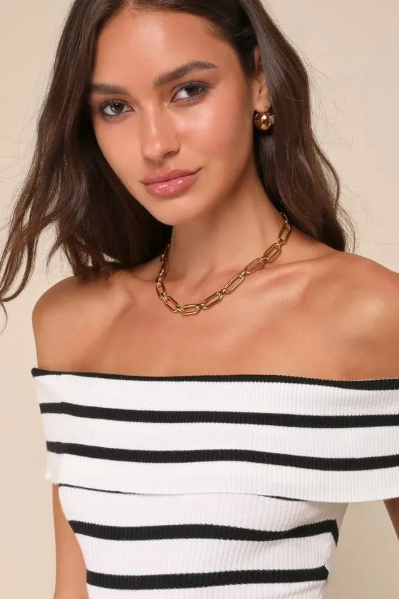 Easily Endearing Ivory Striped Ribbed Knit Off-the-Shoulder Top sold by Lulus product image thumbnail 4