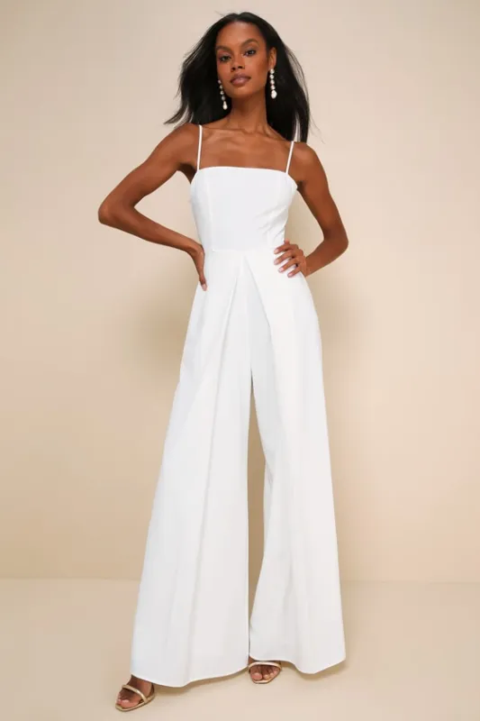 Modern Sophistication White Tie-Back Wide-Leg Jumpsuit sold by Lulus