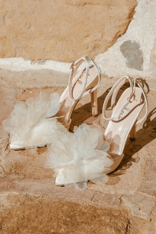 Rozallia White Satin Flower Ankle Strap High Heels sold by Lulus