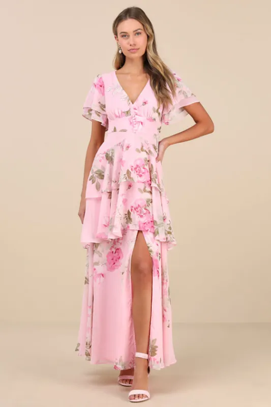 Midnight Mood Pink Floral Print Tiered Maxi Dress sold by Lulus