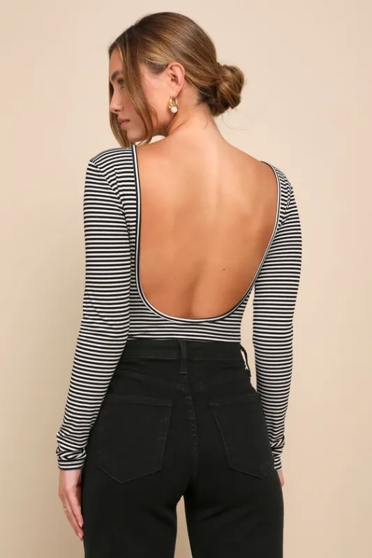 Favorable Cutie Black and White Striped Backless Bodysuit sold by Lulus