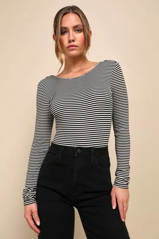 Favorable Cutie Black and White Striped Backless Bodysuit sold by Lulus product image thumbnail 2