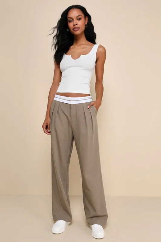 Refined Mood Taupe and White Straight Leg Trouser Pants sold by Lulus