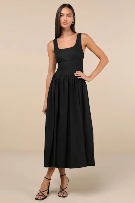 Charm and Poise Black Sleeveless Drop Waist Midi Dress sold by Lulus