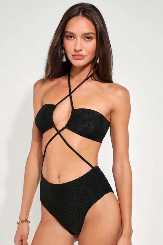 Miami Vibes Black Sparkly Cutout Strappy One-Piece Swimsuit sold by Lulus