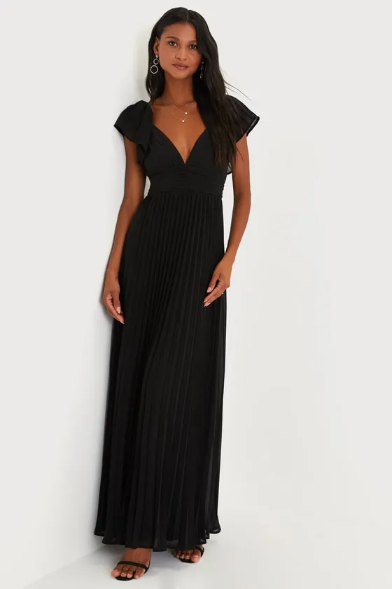 Ideal Occasion Black Pleated Flutter Sleeve Backless Maxi Dress sold by Lulus