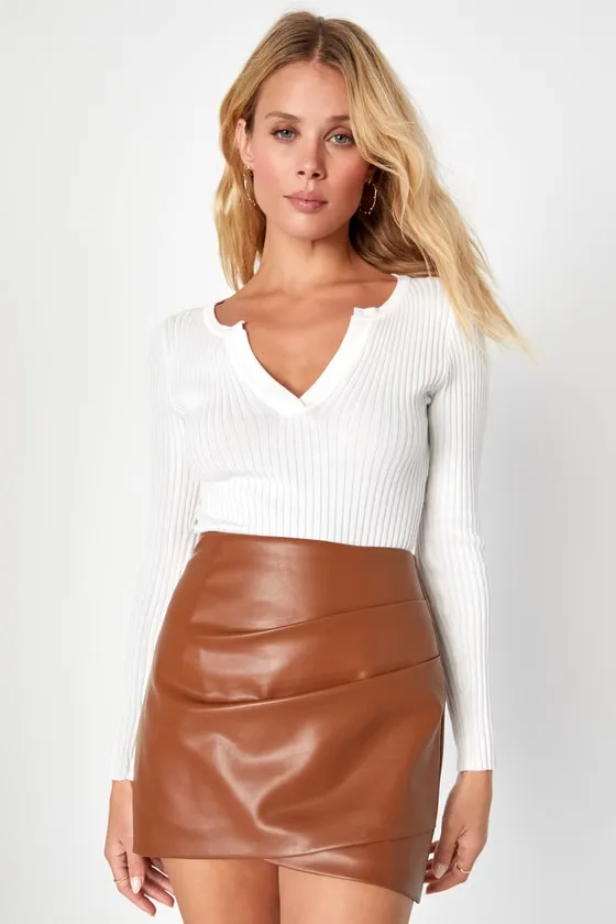 Unforgettable Energy Brown Vegan Leather Mini Skirt sold by Lulus