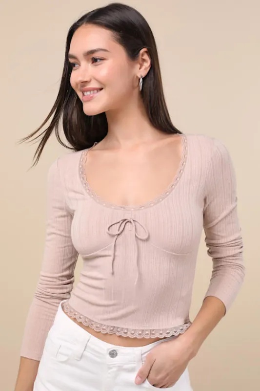 Celise Light Taupe Pointelle Knit Long Sleeve Top sold by Lulus