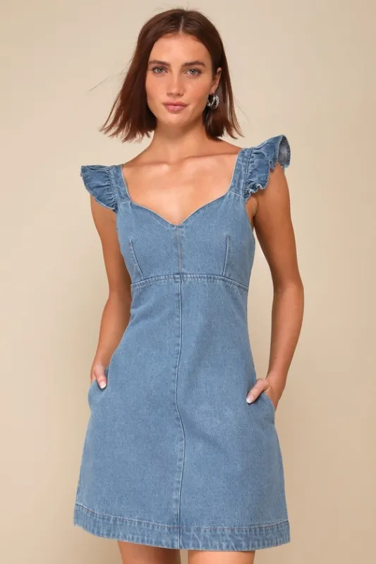 Adoring Crush Light Wash Denim Ruffled Mini Dress with Pockets made by Lulus