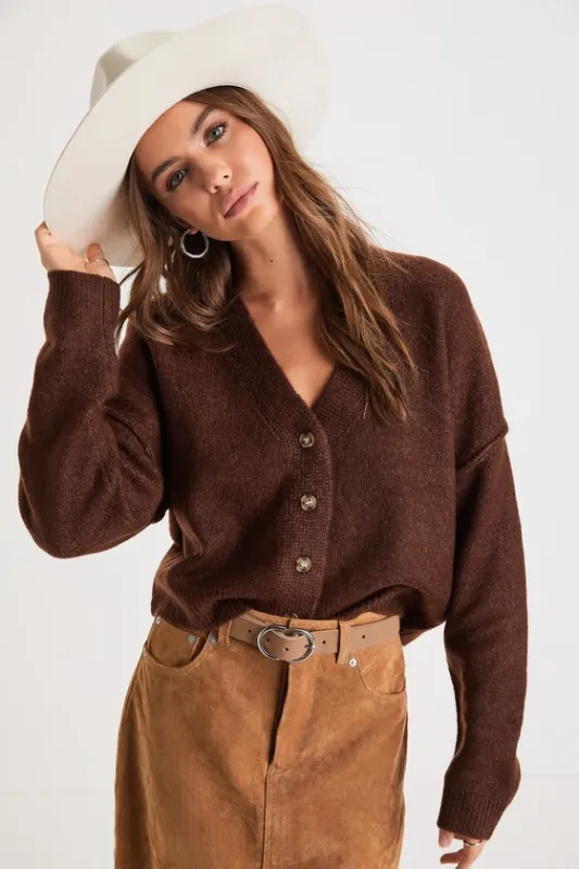 Cozy Ease Heather Brown Button-Up Cropped Cardigan Sweater sold by Lulus