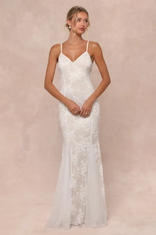Immaculate Grace White and Beige Lace Mermaid Maxi Dress sold by Lulus