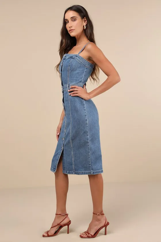 Medium Wash Denim Bustier Midi Dress sold by Lulus product image thumbnail 4