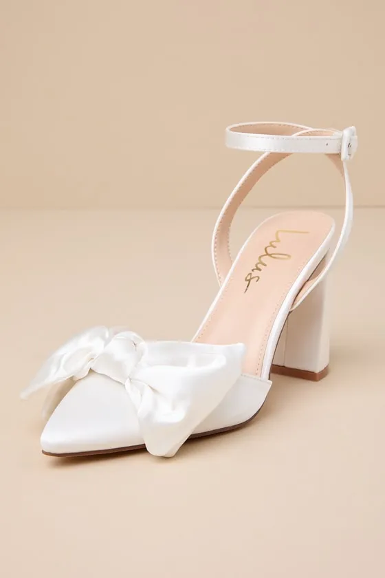 Suttonn Ivory Satin Bow Ankle Strap Pointed-Toe Pumps sold by Lulus product image thumbnail 3