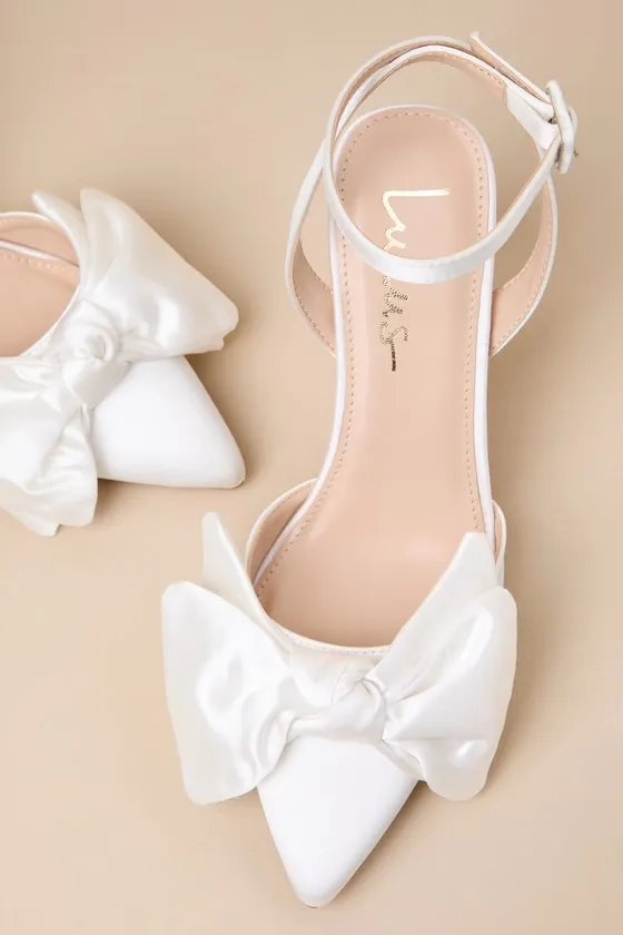 Suttonn Ivory Satin Bow Ankle Strap Pointed-Toe Pumps sold by Lulus product image thumbnail 4