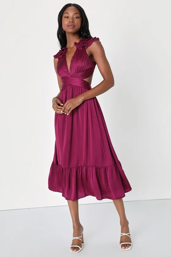 Polished Elegance Plum Purple Ruffled Lace-Up Midi Dress sold by Lulus