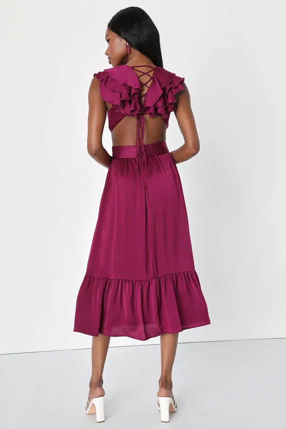 Polished Elegance Plum Purple Ruffled Lace-Up Midi Dress sold by Lulus product image thumbnail 2