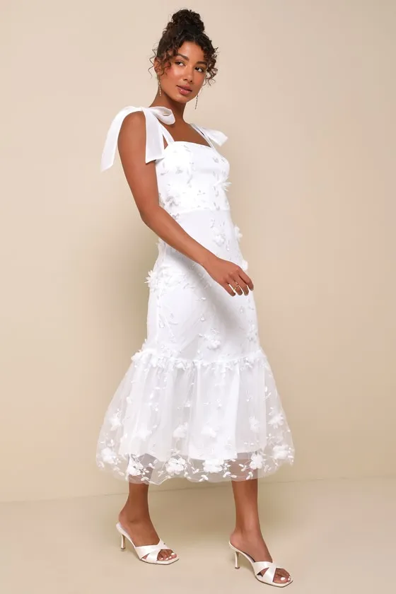 Divinely Adored White Embroidered Floral Tie-Strap Midi Dress sold by Lulus