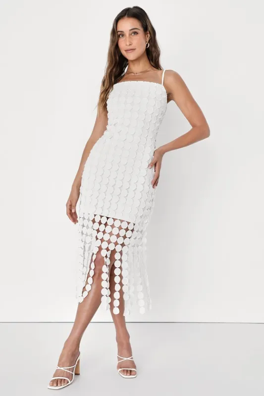 Fun Fascination White 3D Dot Sleeveless Fringe Midi Dress sold by Lulus