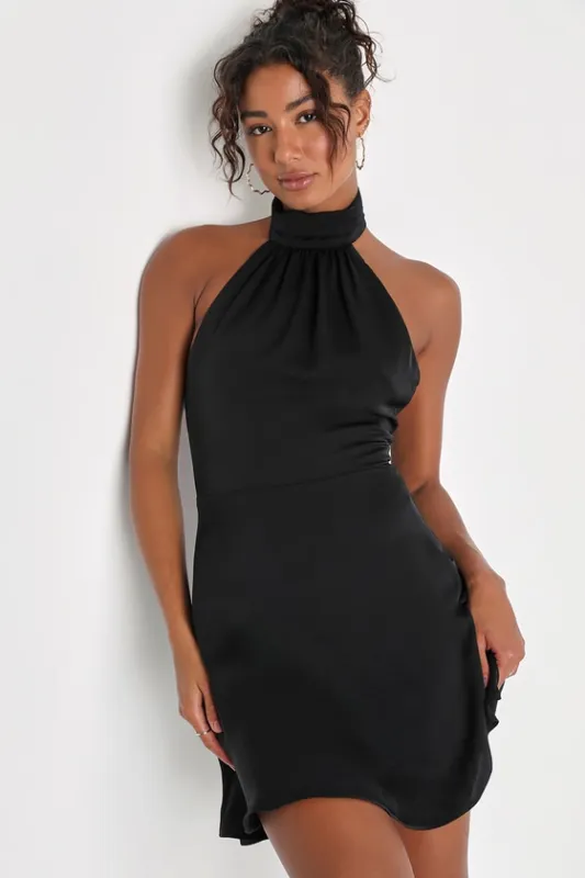 Give 'Em Glam Black Satin Sleeveless Halter Mini Dress sold by Lulus