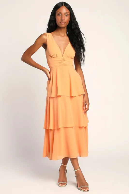 Celebration Time Light Orange Sleeveless Tiered Midi Dress sold by Lulus