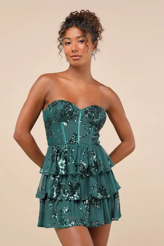 Definite Glamour Emerald Mesh Sequin Bustier Tiered Mini Dress sold by Lulus