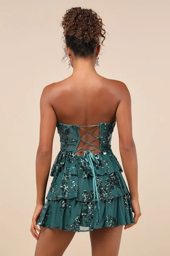 Definite Glamour Emerald Mesh Sequin Bustier Tiered Mini Dress sold by Lulus product image thumbnail 3