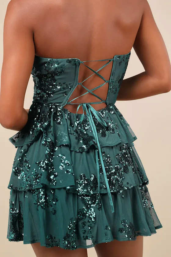 Definite Glamour Emerald Mesh Sequin Bustier Tiered Mini Dress sold by Lulus product image thumbnail 4