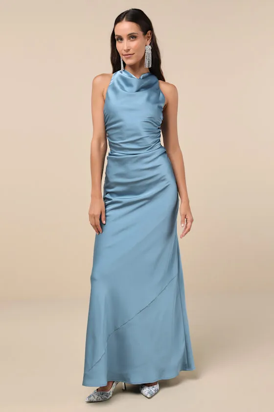 Effortlessly Sensational Slate Blue Satin Backless Maxi Dress sold by Lulus