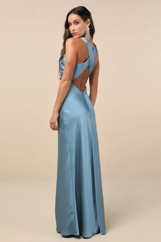 Effortlessly Sensational Slate Blue Satin Backless Maxi Dress sold by Lulus product image thumbnail 2