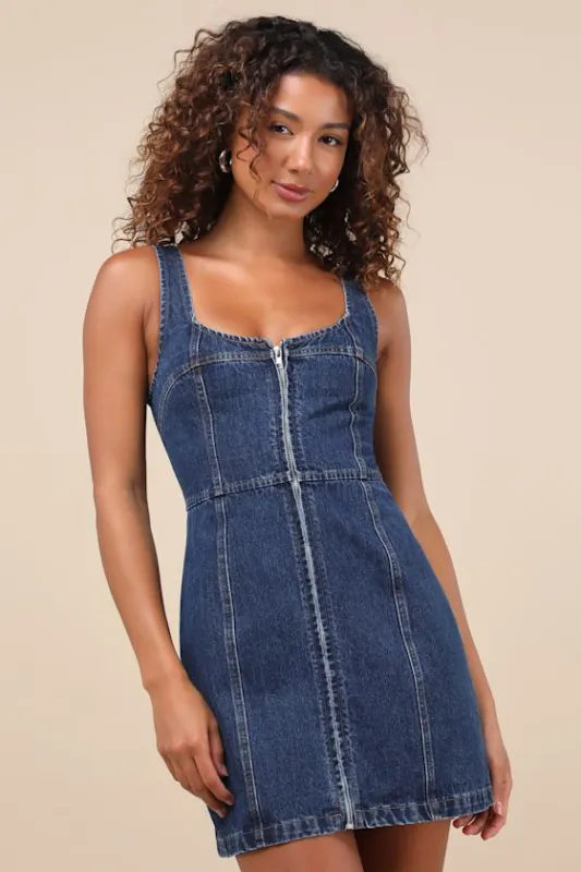 Trending Moment Dark Wash Zip-Front Denim Mini Dress sold by Lulus