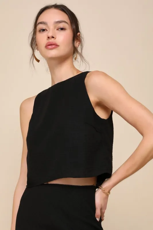 Pleasant Poise Black Sleeveless Cropped Tank Top sold by Lulus