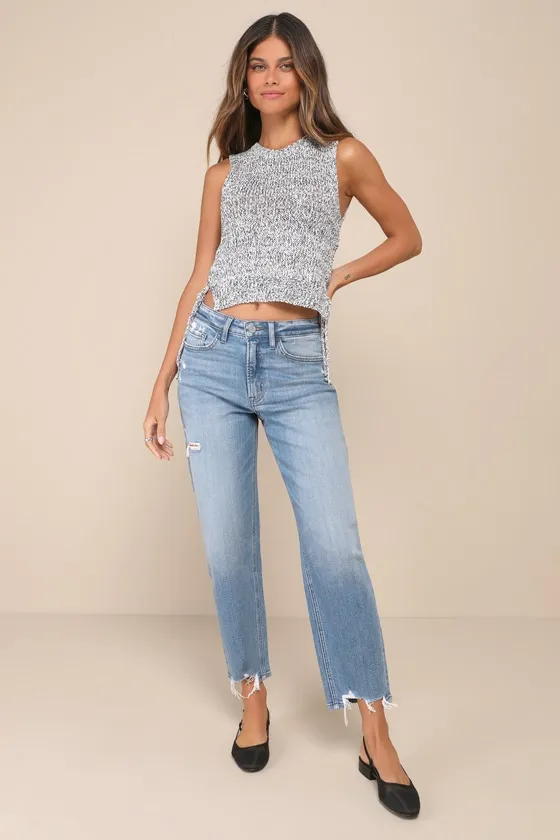 Perfect Coolness Medium Wash Distressed High-Rise Raw Hem Jeans sold by Lulus