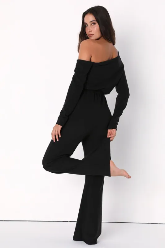Real Relaxation Black Off-the-Shoulder Lounge Jumpsuit sold by Lulus