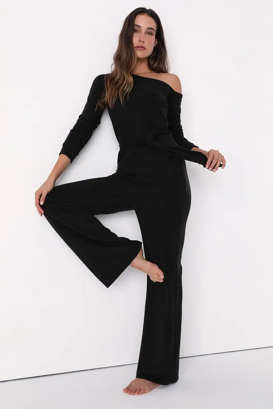 Real Relaxation Black Off-the-Shoulder Lounge Jumpsuit sold by Lulus product image thumbnail 2