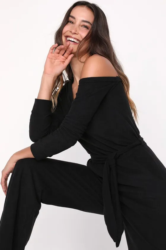 Real Relaxation Black Off-the-Shoulder Lounge Jumpsuit sold by Lulus product image thumbnail 4