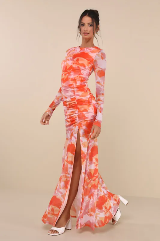 Vibrant Poise Orange Abstract Print Mesh Ruched Maxi Dress sold by Lulus