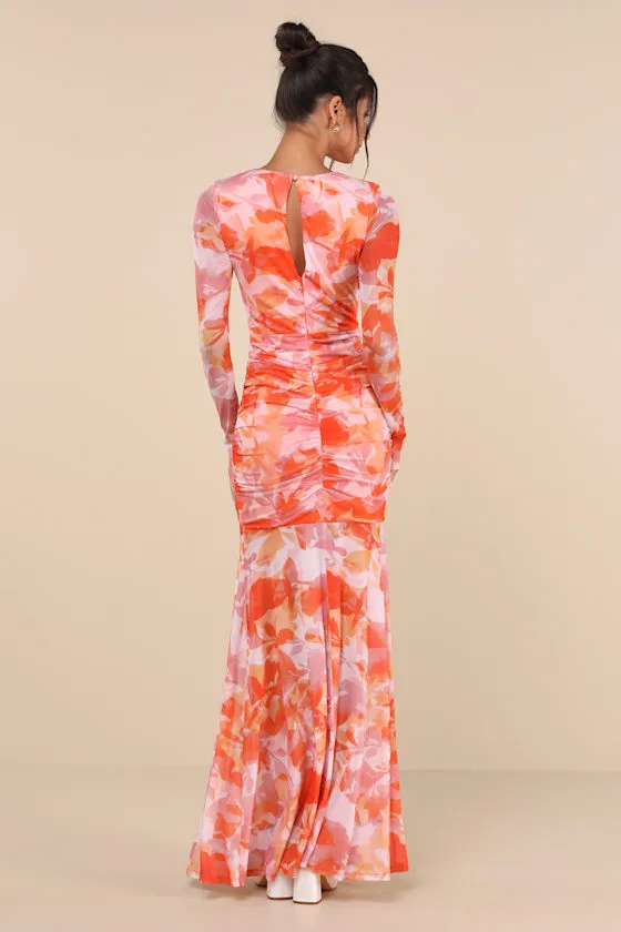 Vibrant Poise Orange Abstract Print Mesh Ruched Maxi Dress sold by Lulus product image thumbnail 2