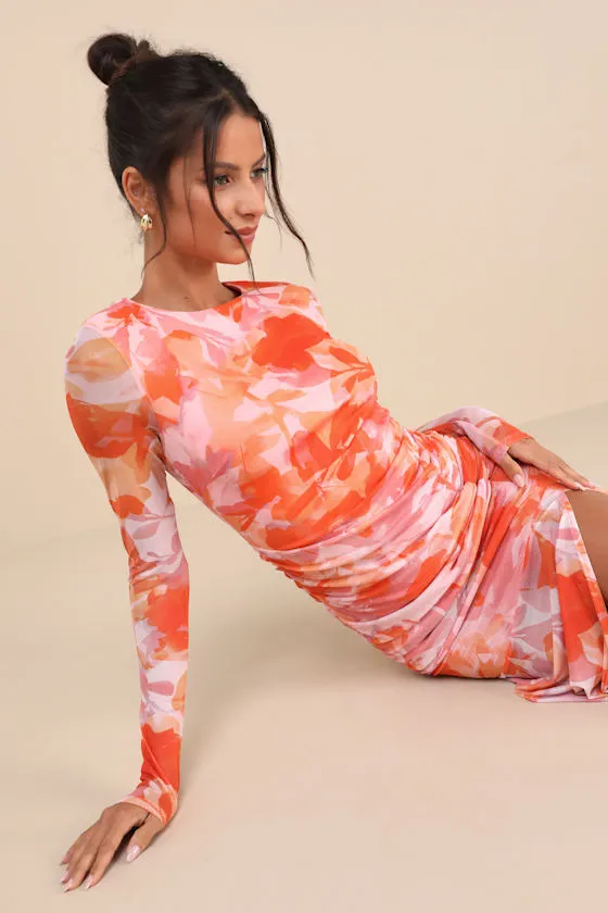 Vibrant Poise Orange Abstract Print Mesh Ruched Maxi Dress sold by Lulus product image thumbnail 3
