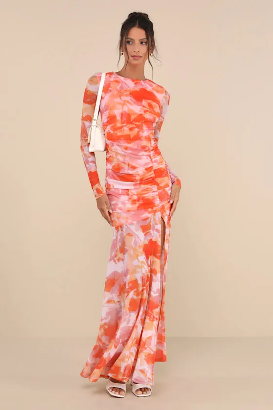 Vibrant Poise Orange Abstract Print Mesh Ruched Maxi Dress sold by Lulus product image thumbnail 4