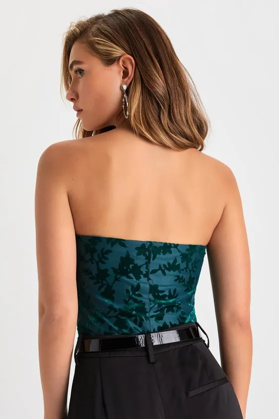 Iconic Beauty Emerald Green Velvet Floral Strapless Bodysuit sold by Lulus product image thumbnail 3