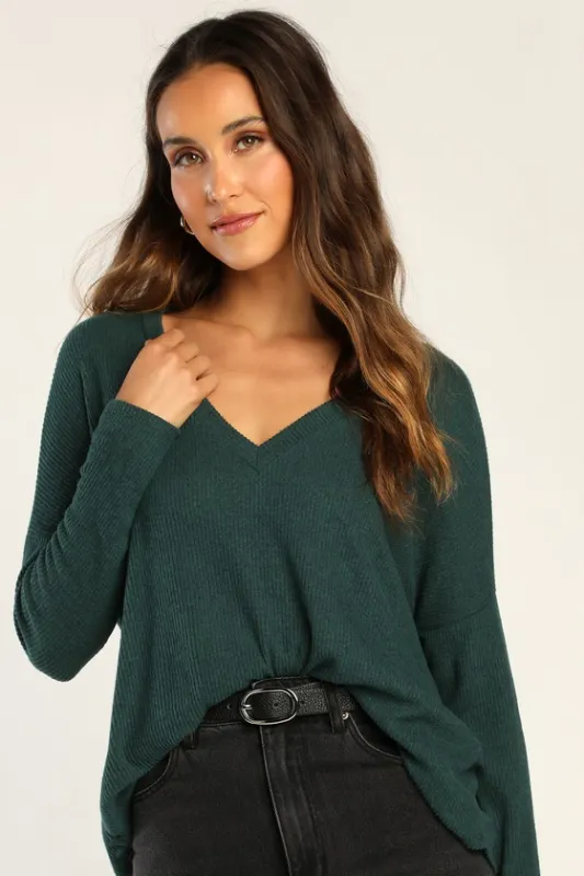 Just Vibing Hunter Green Ribbed V-Neck Sweater Top sold by Lulus