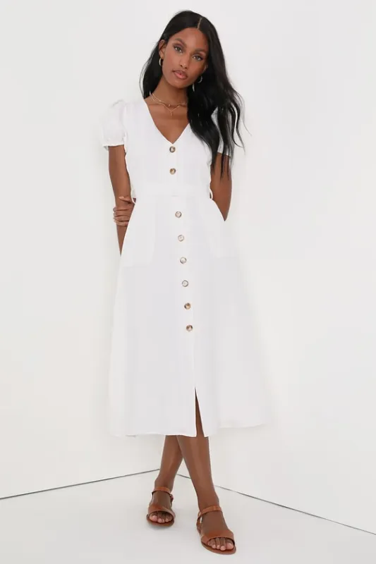 Sicily Sweetheart White Button-Front Puff Sleeve Midi Dress sold by Lulus