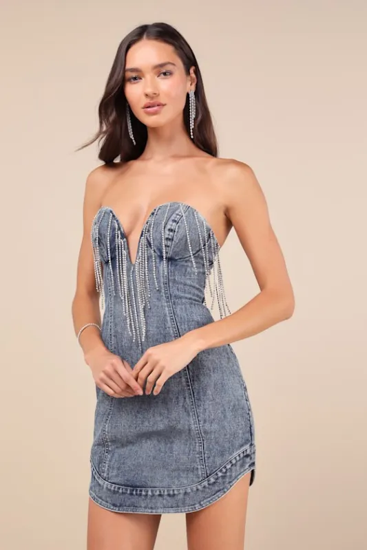 Dazzling Vibes Medium Wash Rhinestone Strapless Denim Mini Dress sold by Lulus